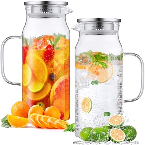Bivvclaz 2 Pack 2 Liter 68 oz 2.1 Qt Glass Pitcher with Lid and Handle, Water Pitcher for Fridge, Glass Carafe for Hot/Cold Water, Large Iced Tea Pitcher for Coffee, Juice and Homemade Beverage