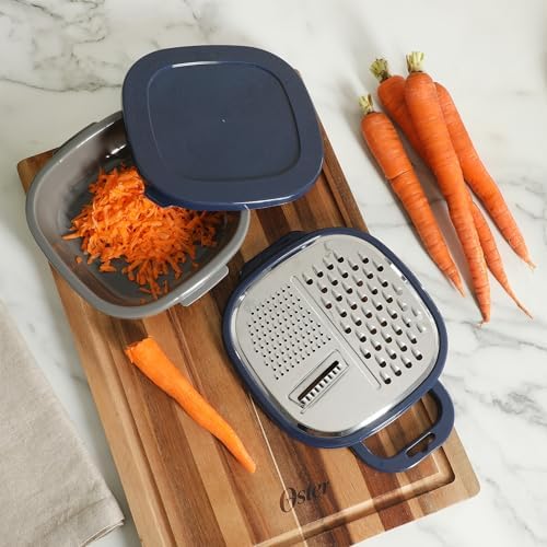 Oster Bluemarine Flat Grater Set – Stainless Steel Food Grater with Storage Container and Lid, Compact Kitchen Tool for Cheese, Veggies, Carrots