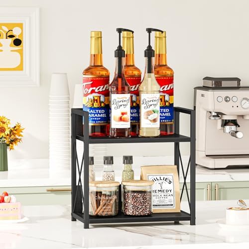 Giikin Countertop Organizer, 2 Tier Coffee Station Organizer for Desktop, Wood Counter Shelf Spice Rack for Kitchen (Black, M)