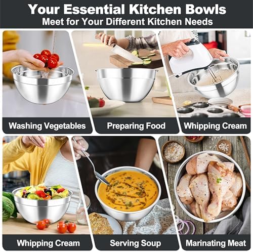 TeamFar Mixing Bowls Set, Stainless Steel Salad Bowl with Lids, Black