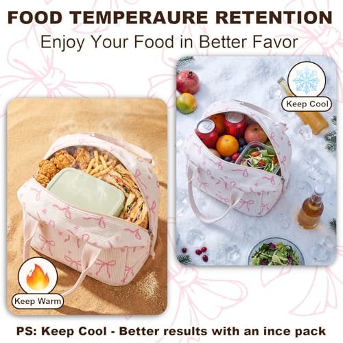 LEDAOU Lunch Box for Women Insulated Lunch Bag Corduroy Lunch Tote Bags Leakproof Cooler Lunch Case for Travel Work Picnic (Bow Tie Beige)