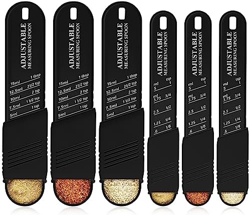 Meanplan 6 Pcs Adjustable Measuring Spoons, Baking Cooking, 2 Sizes, Black