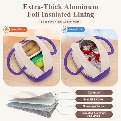 KUBYA Lunch Box for Women, Cute Corduroy Insulated Lunch Bag Women Reusable Work Leakproof Simple Adults Large Lunch Boxes Tote Bag Men Cooler Bag