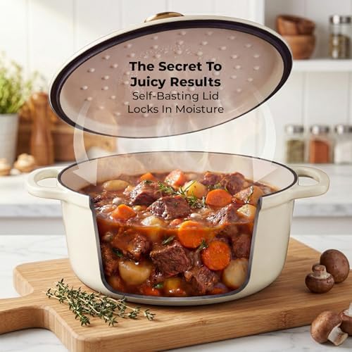 Zulay Kitchen 7.7 Quart Enameled Cast Iron Dutch Oven Pot with Lid – Premium Durability & Oven Safe up to 500°F – Heavy Duty Cookware Perfect for Bread Baking, Stews, Braising & Roasting – Ivory