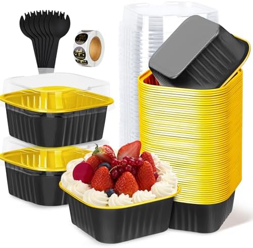 100Pack 5oz Black&Gold Mini Cake Pans with Lids, Spoons and Stickers Baking Cups Aluminum Foil Pans Tins, Individual Dessert Cups Containers for Sales,Party,Picnics