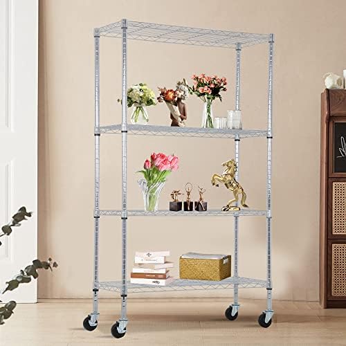 BestOffice | 4-Tier Wire Shelf with Wheels | 36" x 14" x 62" | Chrome