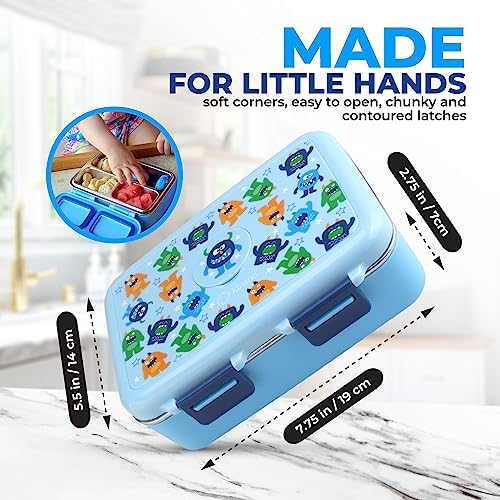 kinsho Small Stainless Steel Lunch Box for Baby Toddlers, Blue Cute Monster