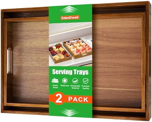 Acacia Serving Trays, Wooden Serving Tray with Handles- 2 Pack