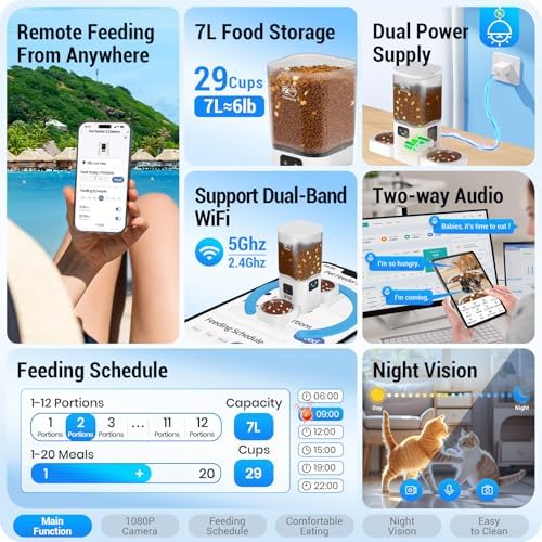 Frienhund Dual Automatic Cat Feeder with Camera for 2 Cats: 5G WiFi Automatic Dog Feeder with Night Vision, 7L Auto Cat Food Dispenser with Two Camera for Multiple Pet, Easy to Clean-29 Cup(ACF180W-A)
