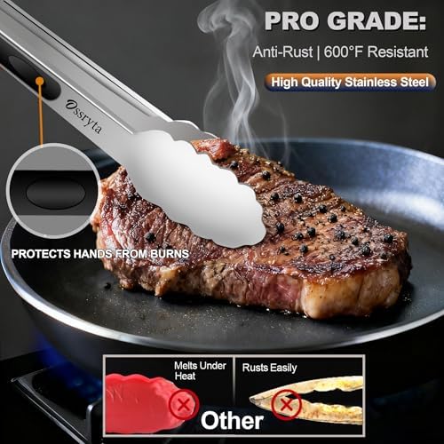 Stainless Steel Cooking Tongs Set of 3 - Heavy Duty 12/9/7 Inch Locking Tongs, Heat Resistant to 600 Degrees, Food Grade Kitchen Metal Tong for Food, Salad, & BBQ - Dishwasher Safe