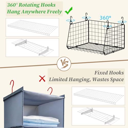 3-Pack Hanging Laundry Room Organizaton：Foldable Laundry Basket Wire Basket with 360°Rotating Hooks Small Space Organization Over Washer and Dryer Shelves - Hanging Closet Organizer, Black Patent