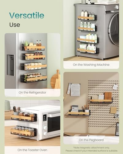 SONGMICS 4-Pack Strong Magnetic Real Bamboo Spice Racks for Fridge