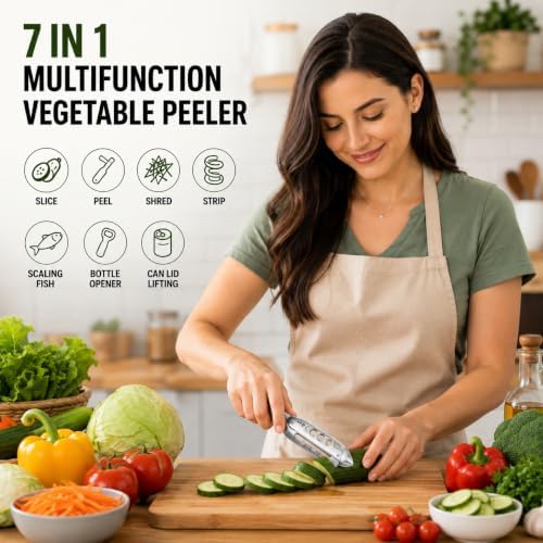 7-in-1 Multifunction Vegetable Peeler, Stainless Steel Kitchen Peeler with Bottle Opener, Fish Scaler, Herb Stripper, Scallion Shredder & Jar Lid Opener, Fruit Peeler Knife & Potato Peeling Tool