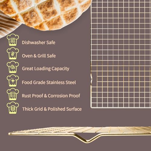 Briout 2PCS Cooling Rack for Cooking and Baking, 16" x 10" Wire Rack, Gold