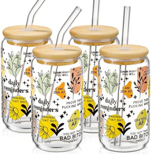 DWTS DANWEITESI Glass Cups with Lids and Straws with Design 4 pcs（Daily Reminder）,Clear Glass Cups 16 oz-Glass Tumbler,Cute Design Glass Iced Coffee Cups Mental Health Positive 480ml