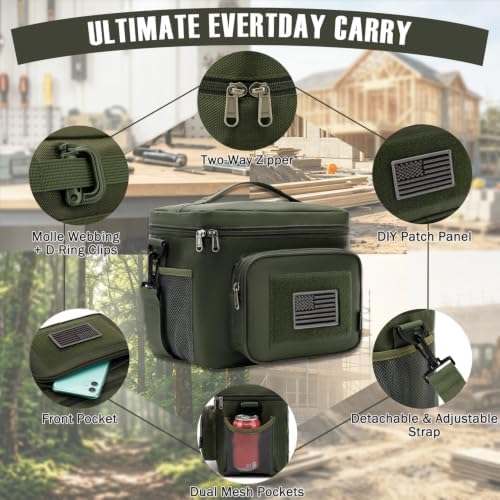 FlowFly Tactical Lunch Bag Large Insulated Lunch Box Cooler Tote for Men, Women with MOLLE/PALS Webbing (Army#Green, Large)