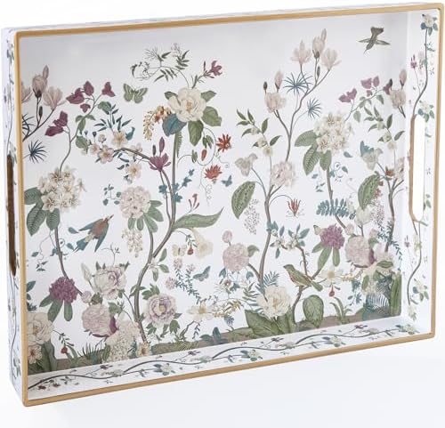 Serving Tray with Handles, Rectangular Plastic Tray 15.75x11.81 Inch, Floral Art with Peony, Hydrangea, Magnolia & Magpie Style Decorative Tray for Kitchen, Dining Table, Vanity, Office & Home