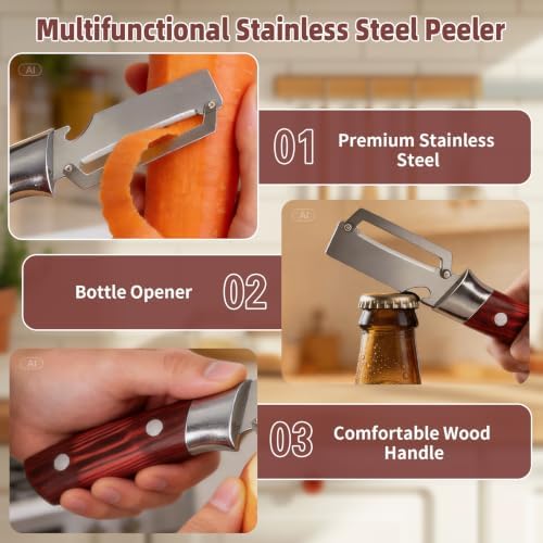 Vegetable Peeler, 2-in-1 Stainless Steel Potato Peeler with Bottle Opener, Multifunctional Kitchen Tool for Carrot Cucumber Pumpkin(2 Pack)