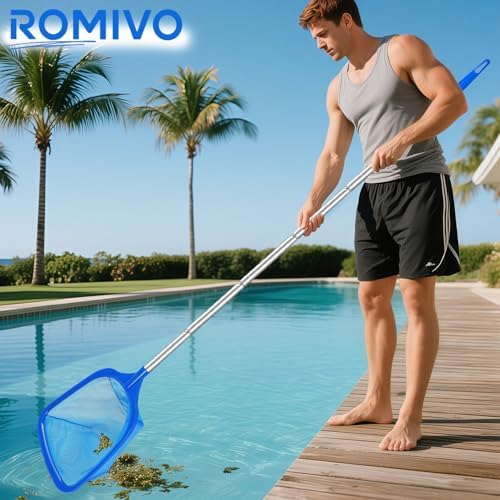 Pool Skimmer Net with Telescopic Pole – Fine Mesh for Leaves, Dust, Debris – Lightweight Safe-Edge Extendable 2.6–5.7 ft Aluminum Handle for Pools, Spas, Hot Tubs, Ponds & Garden Water