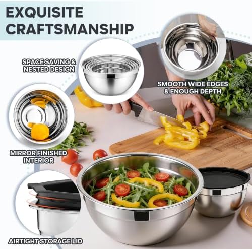 E-far Mixing Bowls with Lids Set, Stainless Steel Cooking Salad Bowl, Black