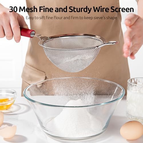 U-Taste Fine Mesh Strainer, 18/8 Stainless Steel Sieve 30 Mesh, M/Red
