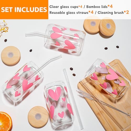 DWTS DANWEITESI Glass Cups with Lids and Straws with Design Pink Hearts 4 pcs,Clear Glass Cups 16 oz-Glass Tumbler,Cute Glass Iced Coffee Cups with Lids and Straws 480ml