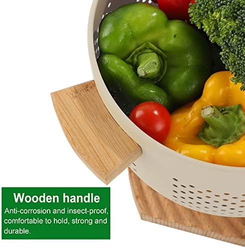Metal Colander with Wood Handle, 5.5 Quart Powder Coated Steel Large Kitchen Strainer Stable Base,(Sand Yellow, 11.26inch)