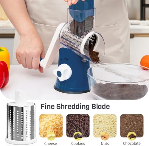 Cheese Grater Hand Crank, Rotary Cheese Shredder with 3 Interchangeable Blades for Coarse, Fine Shredding and Slicing, Strong Suction Base for Pizza, Pasta, Salad, Vegetables, Nuts, Chocolate