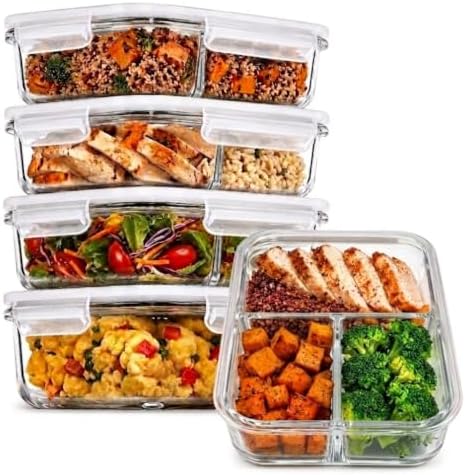 PrepNaturals 5 Pack 34oz Glass Meal Prep Containers - 3 Compartments