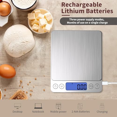 Digital Gram Scale 1000g/0.01g, Scale for Food Ounces and Grams, Upgrade USB Charging Kitchen Scale Digital Weight for Cooking, Baking, Tare Function, 9 Units, 2 Tray