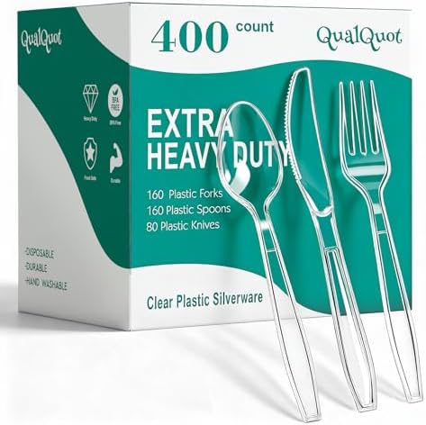 400 Count Extra Heavy Duty Clear Plastic Silverware, Bulk