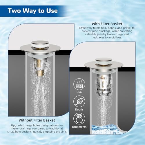 Hibbent Upgraded 3 in 1 Bathroom Sink Drain Strainer, Pop Up Stopper