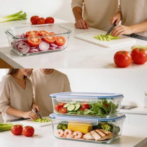 Liuruiyu 2 Pack 2260ml/76.4oz Glass Food Storage Containers with Lids, Meal Prep Containers, Airtight Bento Boxes with Leak Proof Locking for Microwave, Oven, Freezer and Dishwasher, BPA Free