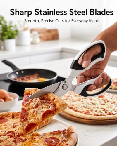 Kitchen Shears for Everyday Food Prep, Serrated Stainless Steel Kitchen Scissors with Comfort Grip Handles and Protective Sheath, Dishwasher Safe Food Scissors for Herbs, Bacon, Pizza, Food Package