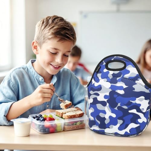 FlowFly Neoprene kids Lunch box Insulated Soft Bag Mini Cooler Thermal Meal Tote Kit for Boys, Girls,Men,Women,School,Work, Office, Blue Camo
