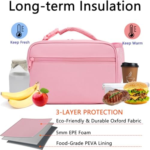 GYEUKHAM Insulated Lunch Box for School, Thermal Reusable Durable Freezable Lunch Bags for Kids Boys Girls Men Women - Small Soft Cooler Portable Lunch Tote Kit for Work Picnic Travel,Pink