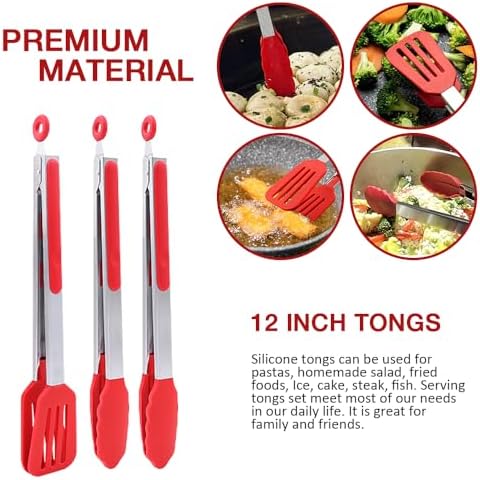 12 Inch Kitchen Tongs Set of 3, Cooking Tongs with Silicone Tips