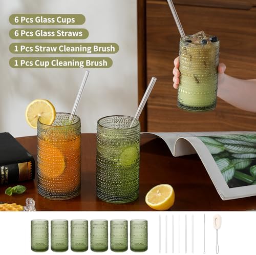Vintage Glassware Drinking Glasses Set of 6,16oz Hobnail Glass Cups,Embossed Green Water Tumbler,for Cocktail, Juice, Whiskey, Milk and Various Mixed Drinks
