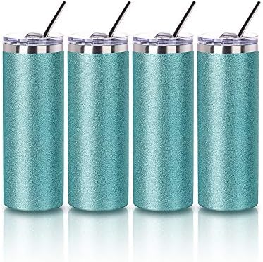 PYD Life 4 Pack Sublimation Tumblers Skinny 20 OZ Glitter Teal with Straw