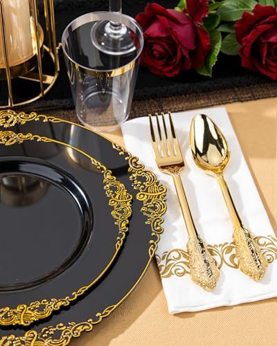Nervure 350Pcs Black Plastic Plates, Plastic Dinnerware Set for 50 Guests