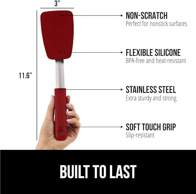 GORILLA GRIP Food Grade Flexible Silicone Spatula, 2 Pack, Heat Resistant Head for Nonstick Frying Pan, Patented Soft Rubber Handle for Comfort, Non-Scratch Kitchen Turner, Flip Eggs, 11.6 in, Red