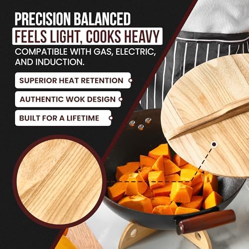 Pre-Seasoned Cast Iron Nonstick Stir-Fry Pan | Dual Handles & 4 Spatulas | Flat Bottom Wok with Wooden Lid & Wood Handle | Traditional Chinese Induction Wok (36Cm)