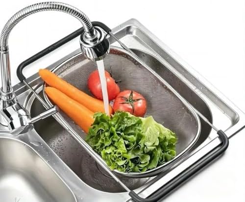 NikLye Stainless Steel Over the Sink Colander Basket with Expandable Handles, 6 Quart Fine Mesh Strainer for Pasta, Vegetables and Rice