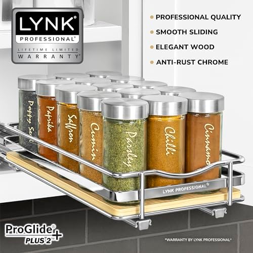 LYNK PROFESSIONAL® Élite™ Pull Out Spice Organization for Cabinets - 6-3/8 inch Wide – Spice Rack for Inside Cabinets – Wood/Chrome - Sliding Spice Rack Organizer for cabinet – Spice Rack - 1 Tier