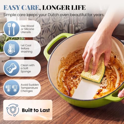 DUMOS Cast Iron Dutch Oven, 6 Quart Pot with Lid, Enameled Heavy Duty Cookware, Oven Safe to 500°F, Perfect for Bread Baking, Stews and Roasting, Moisture Sealing Lid with Dual Handles, Light Green