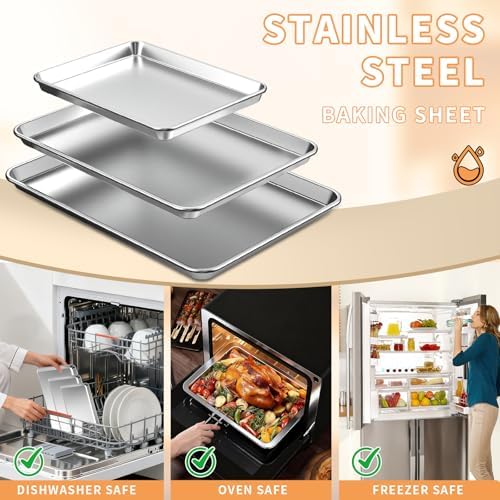 Baking Sheet Set of 3, Stainless Steel Cookie Sheets Baking Sheet Pan, 10.5/12.4/16 Inch, Thicker and Firmer Baking Pans Set, Non-stick, Non toxic & Heavy Duty & Easy Clean, Dishwasher Safe