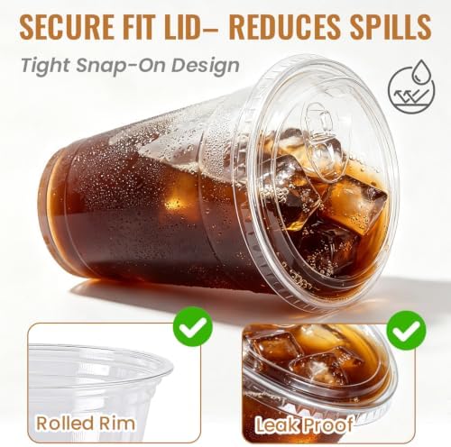Ginkgo 100 Pack 20 oz Clear Plastic Cups with Strawless Sip Lids