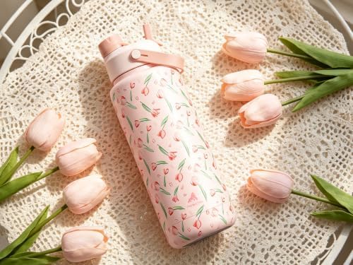 POWCAN 40 oz Insulated Water Bottle with 2-in-1 Straw and Spout Lid, Keep Cold 24H, Leak-Proof, BPA-Free, Double Wall Stainless Steel Water Bottle for Sports, Gym, Travel, and School (Tulip Reverie)