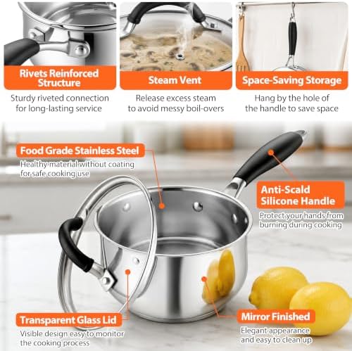 TeamFar Sauce Pan, 2 Quart Stainless Steel Saucepan with Lid