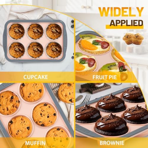 Silicone Muffin Pan, 6 Cups Non-Stick Cupcake Pan, Food-Grade BPA-Free Muffin Tin, Oven-Safe 450 °F, Reinforced Steel Frame, Easy-Grab Handles, Quick-Release 2.7" Baking Molds for Mini Treats